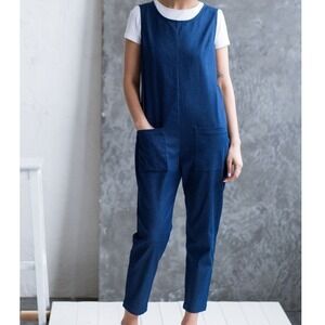 OffOn Women's Blue Sleeveless V Neck Pocketed Full Zip Jumpsuit Casual Summer